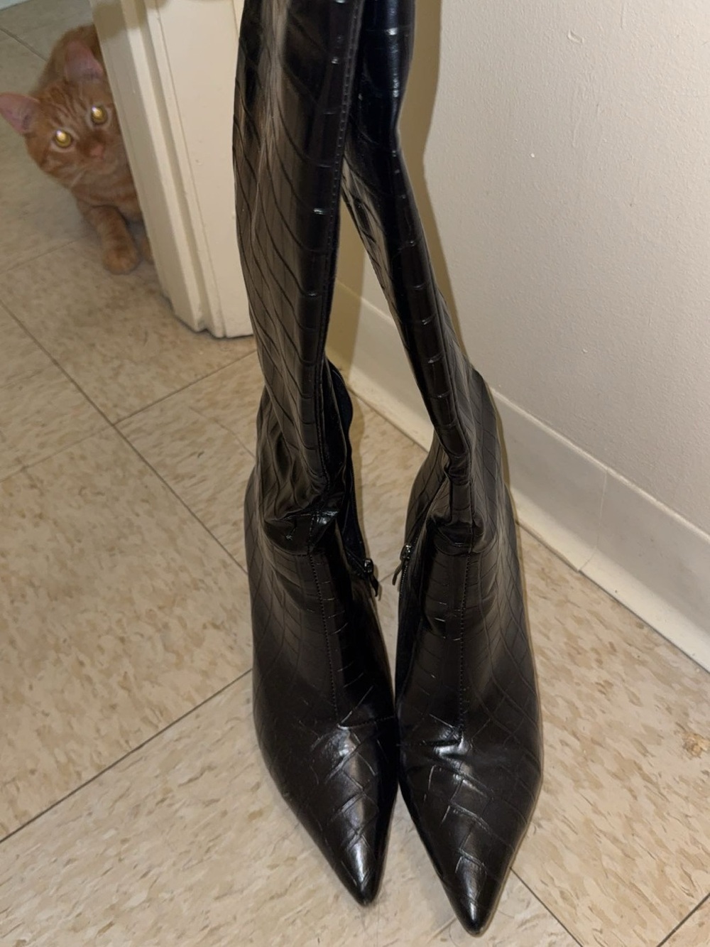 Amazon Black Croc-Embossed Pointed Toe Over-The-Knee Boots